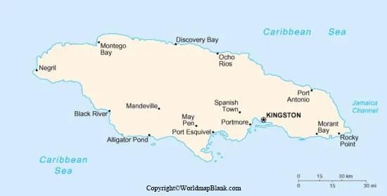 Labeled Map of Jamaica with Cities