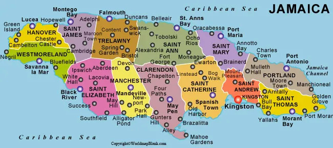 Plains In Jamaica Map Labeled Map Of Jamaica With States, Capital & Cities