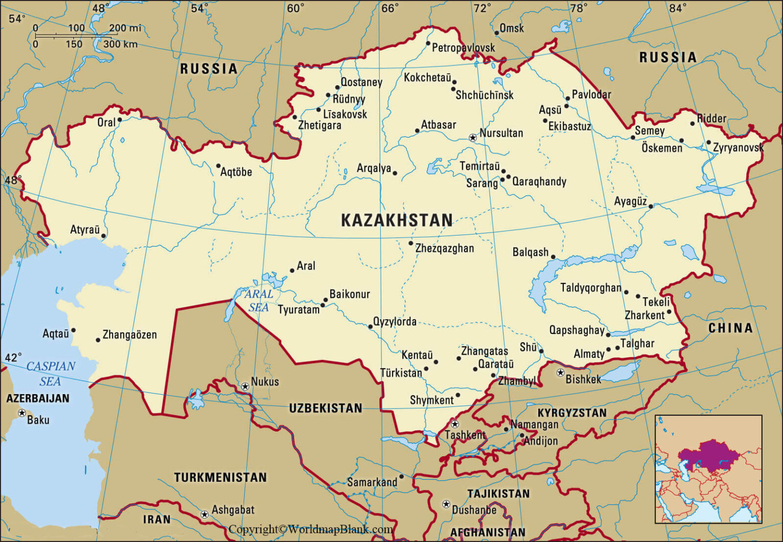 Labeled Map Of Kazakhstan With Cities 1536x1063 