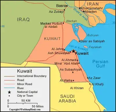 Labeled Map of Kuwait with Cities