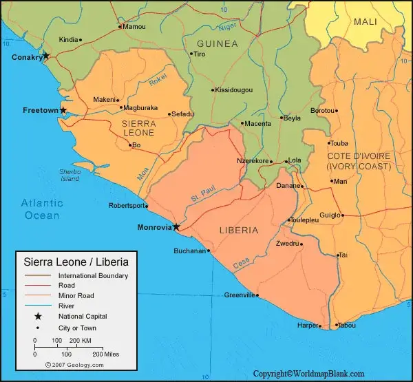 Labeled Liberia Map with Cities