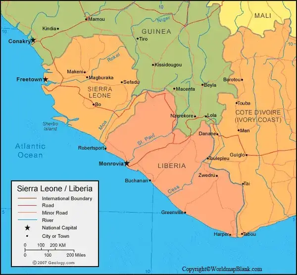 Labeled Liberia Map with Cities
