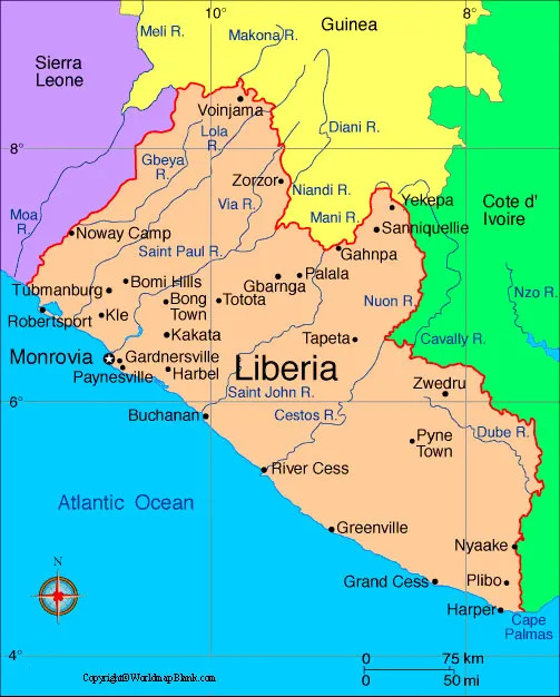 Labeled Map of Liberia with States