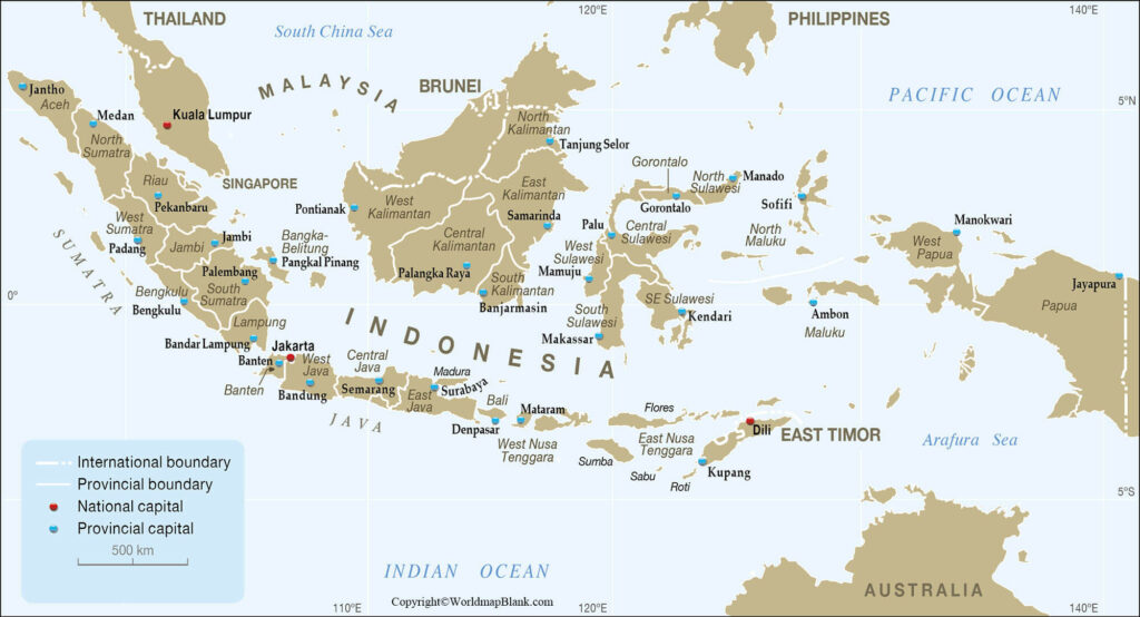 Labeled Map of Indonesia with States, Capital & Cities