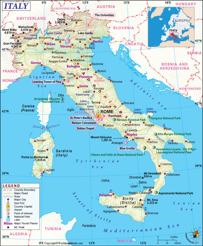 Labeled Map Of Italy With States Capital Cities