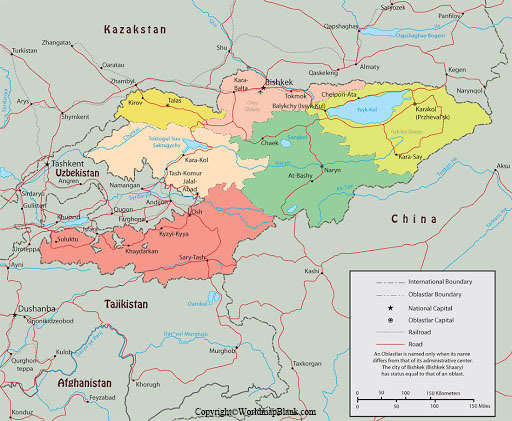 Labeled Map of Kyrgyzstan with States, Capital & Cities