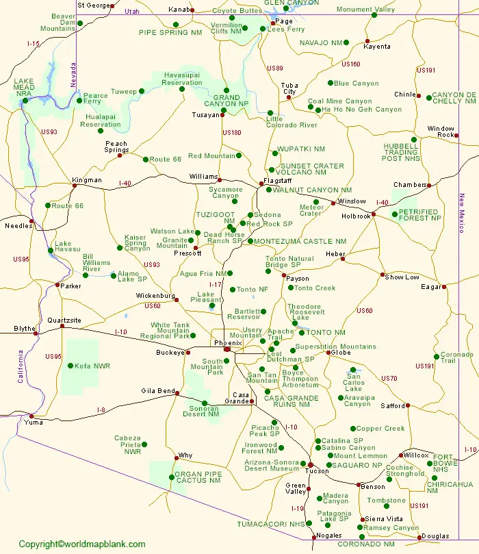 Labeled Map of Arizona Printable