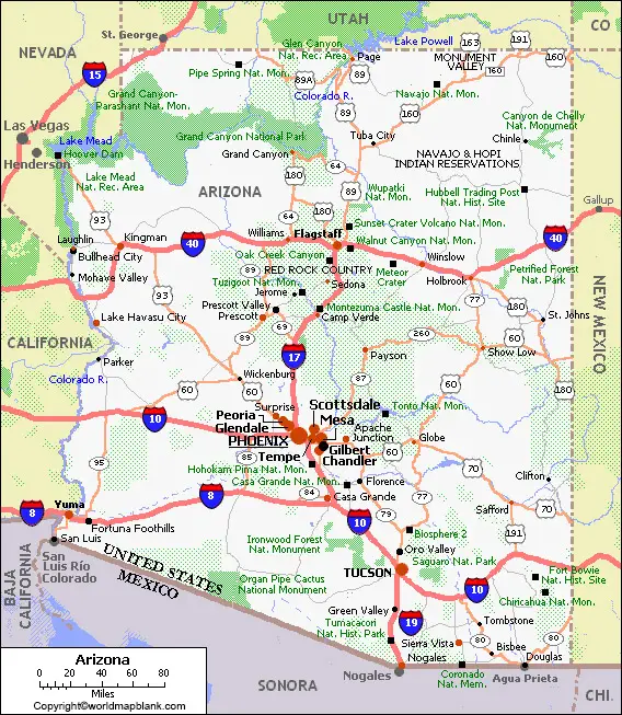 Labeled Arizona Map with Capital