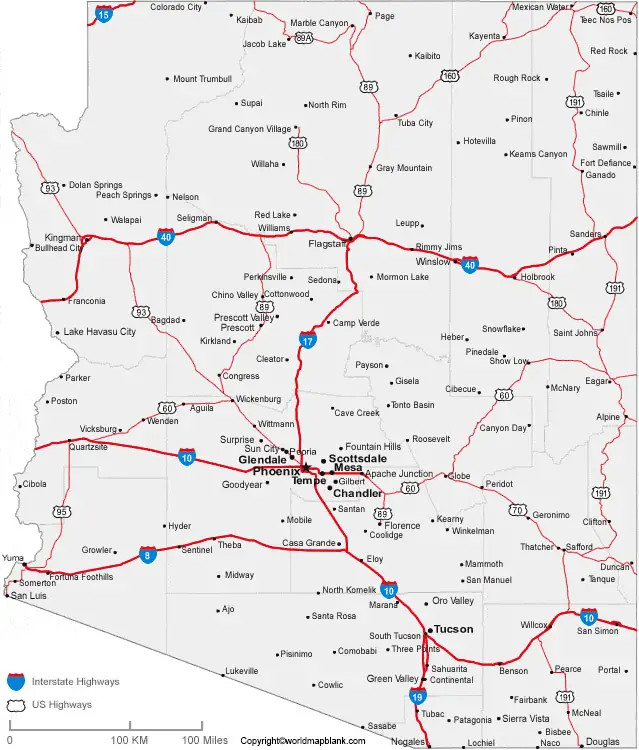 Labeled Map of Arizona with Capital & Cities