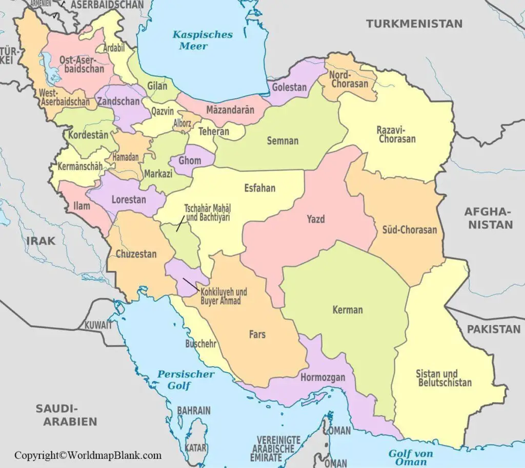 Labeled Map of Iran with States