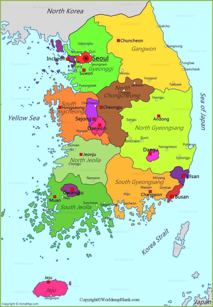 Labeled Map Of Korea With States, Capital & Cities