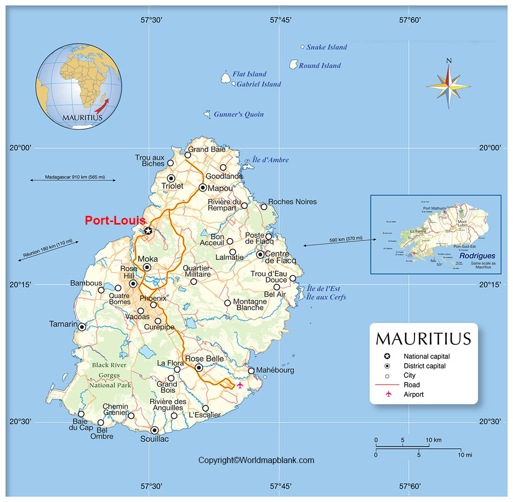 Labeled Mauritius Map with Capital