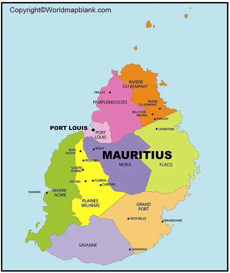 Labeled Map of Mauritius with Cities
