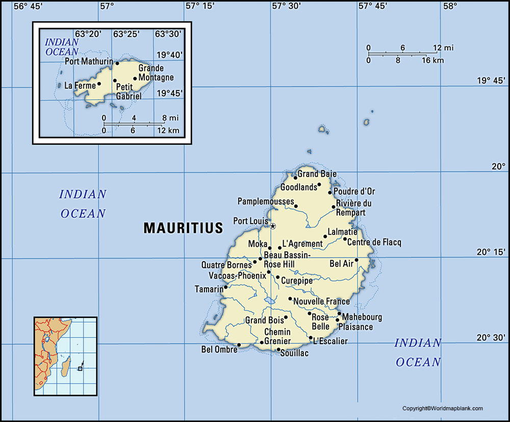 Labeled Map of Mauritius with State