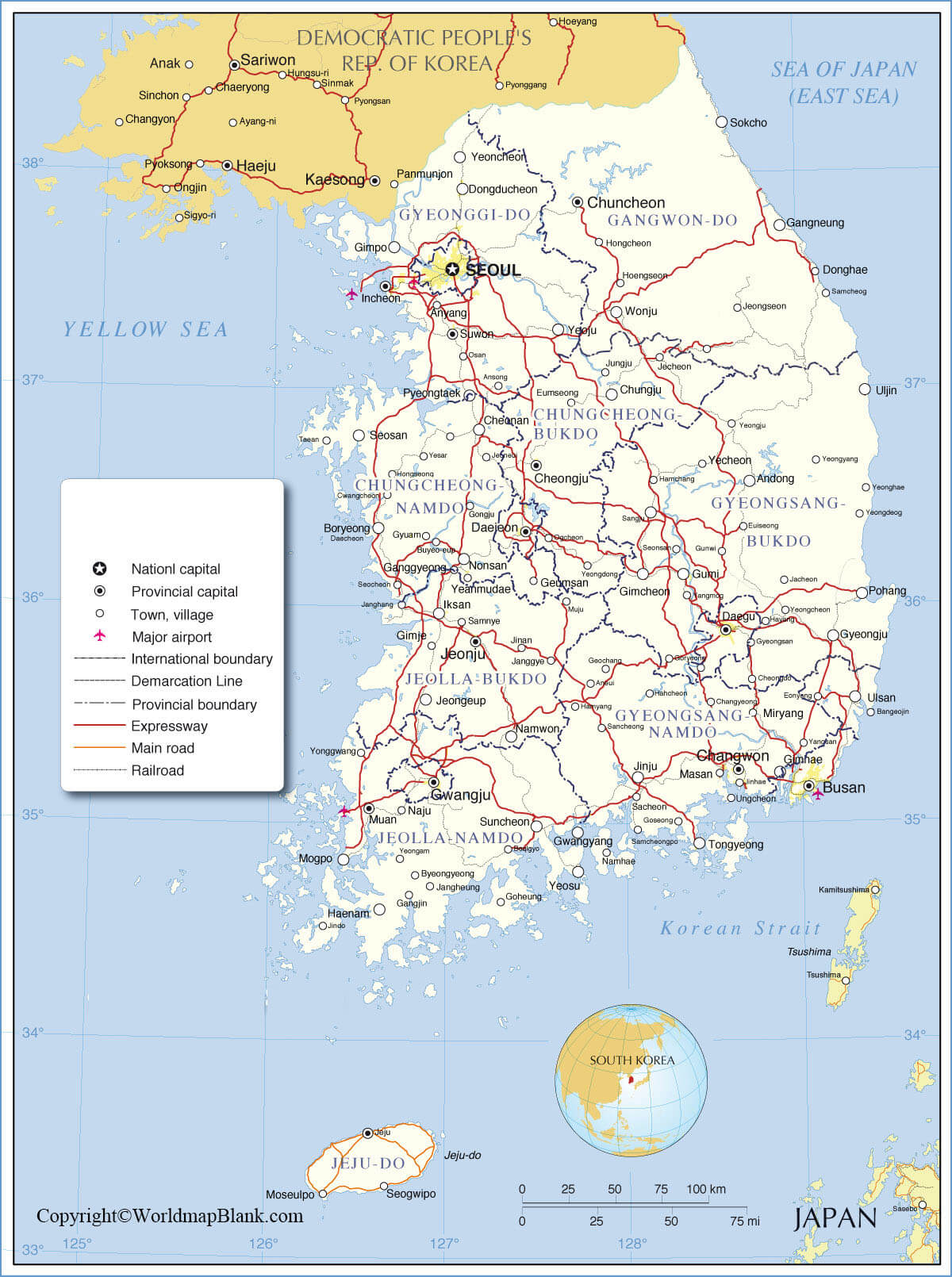 Labeled Korea Map with Capitals