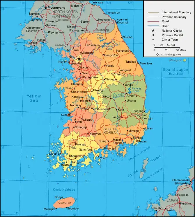 Labeled Map of Korea with Cities