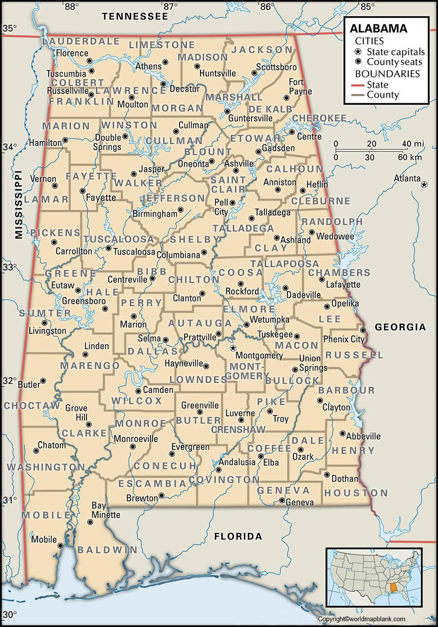 Labeled Map of Alabama with Capital & Cities