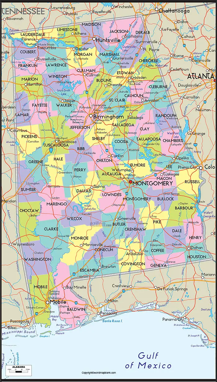 Labeled Alabama Map with Capital