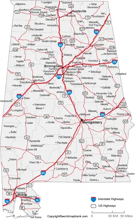 Labeled Map of Alabama with Cities