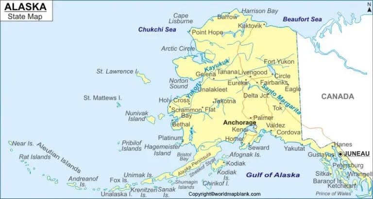 Labeled Map of Alaska with States, Capital & Cities