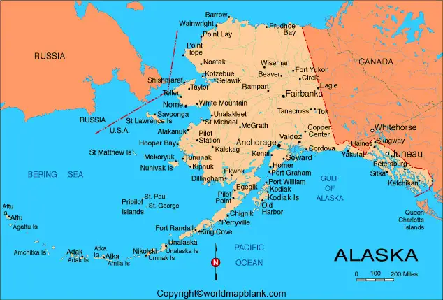 Labeled Map of Alaska with Cities