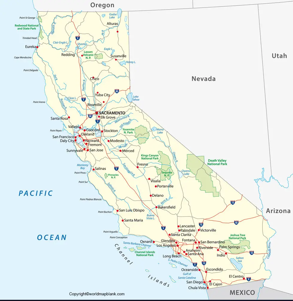 Beschriftete Karte von Kalifornien zum Ausdrucken
