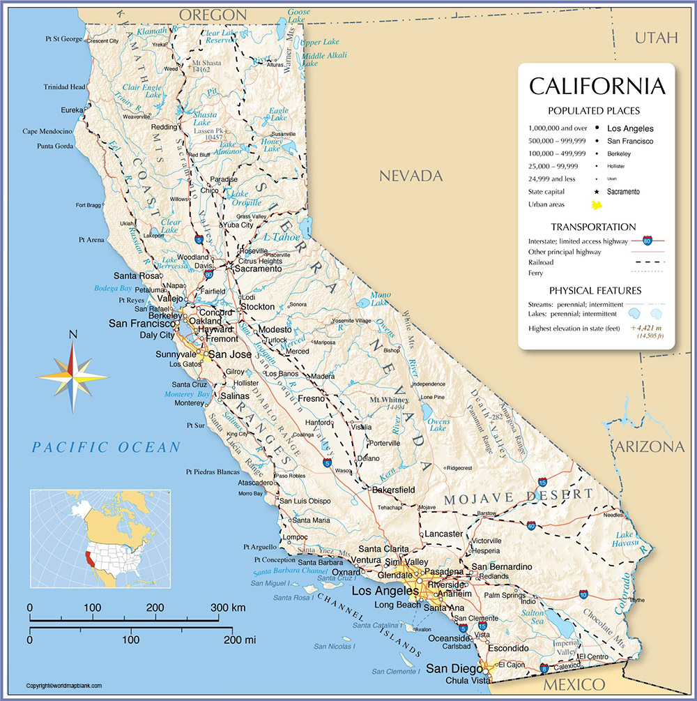 Labeled Map of California with Cities
