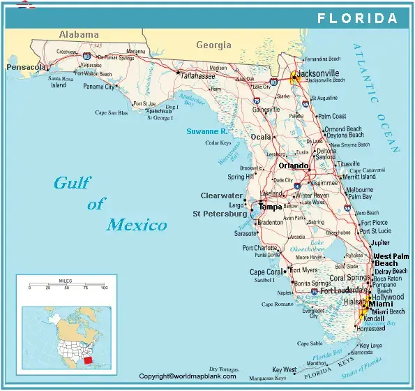 Labeled Florida Map with Cities