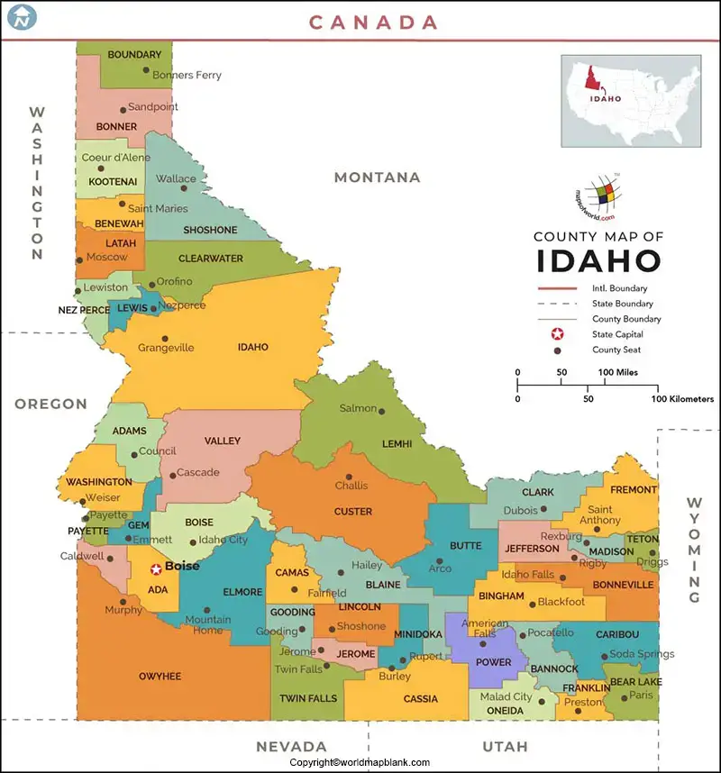 Labeled Map of Idaho Printable