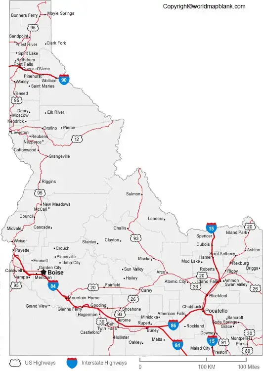 Labeled Map of Idaho with Cities