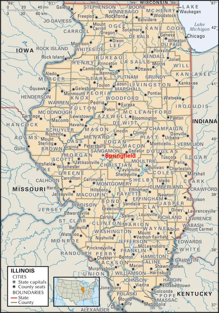 Labeled Illinois Map with Capital