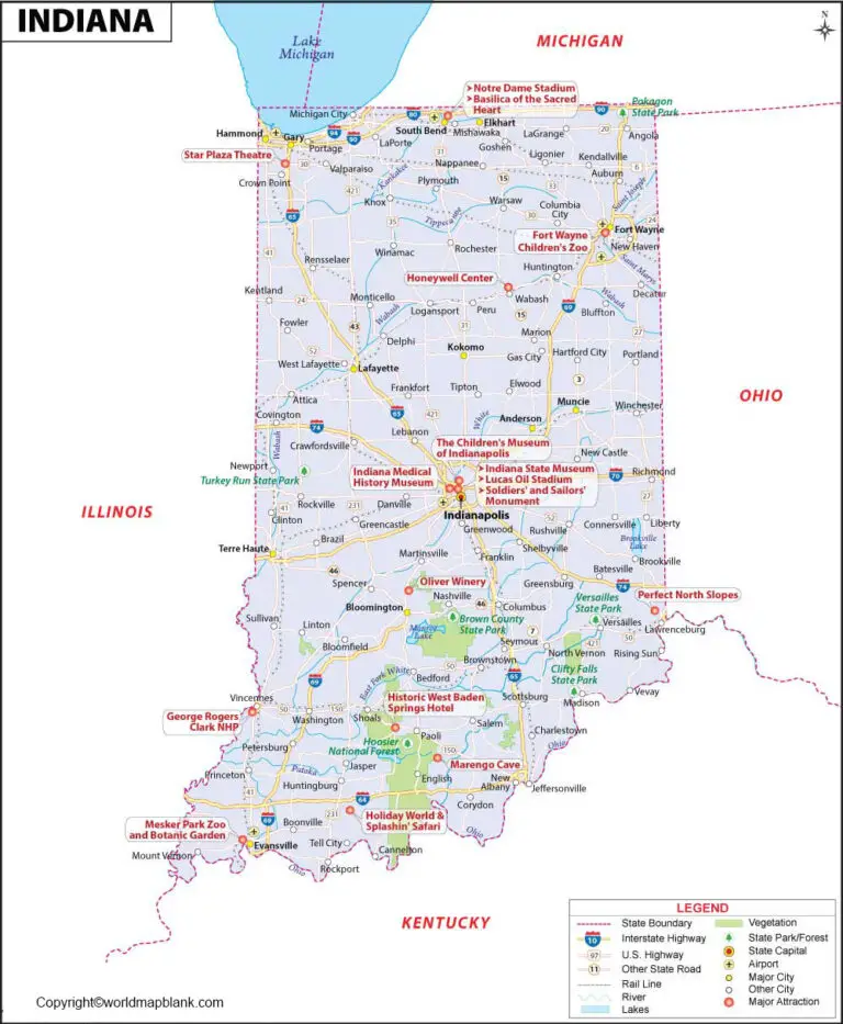Labeled Map of Indiana with Capital & Cities