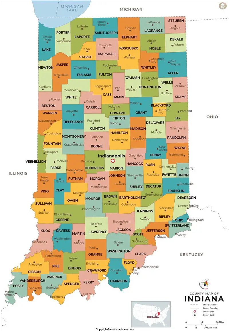 Labeled Map of Indiana Printable