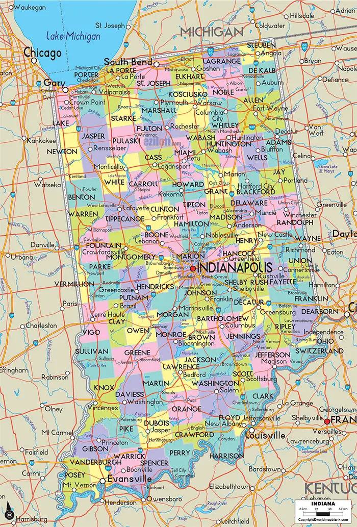 Labeled Indiana Map with Capital