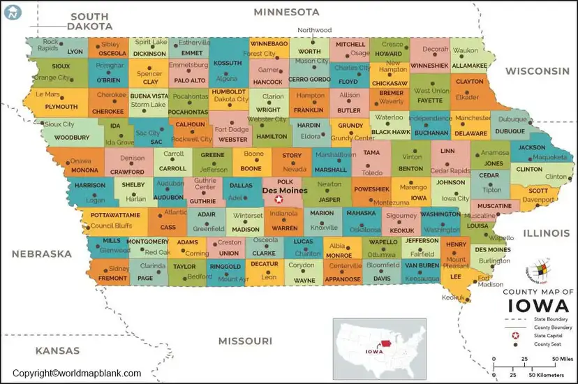 Labeled Map of Iowa Printable
