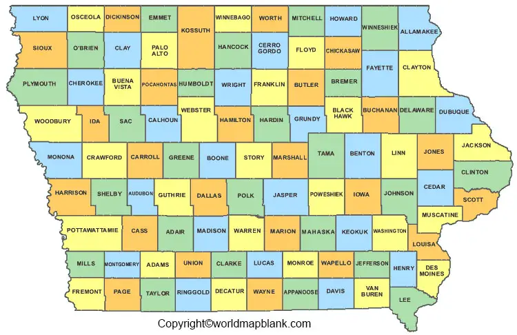 Labeled Iowa Map with Capital