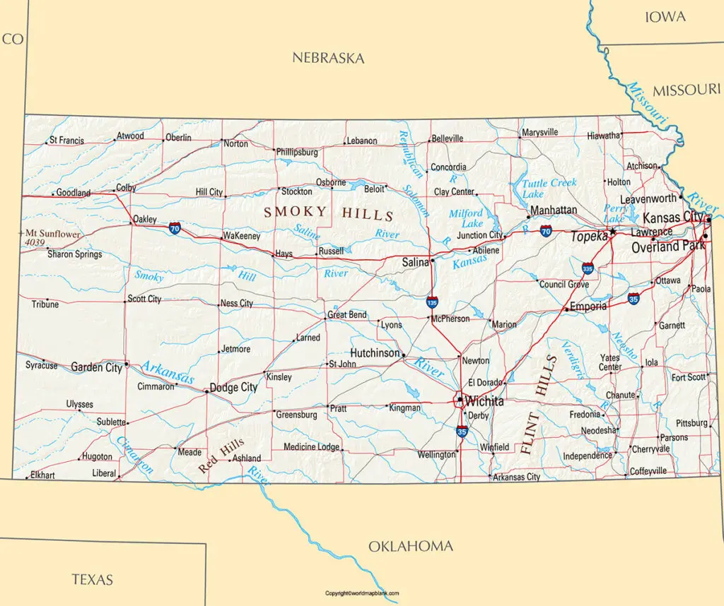 Labeled Map of Kansas Printable