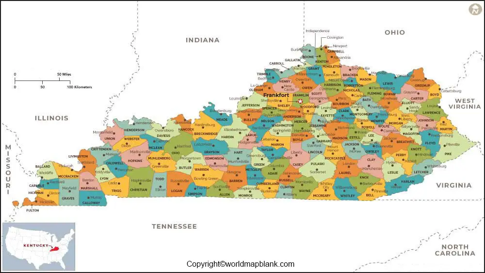 Printable Map of Kentucky Labeled