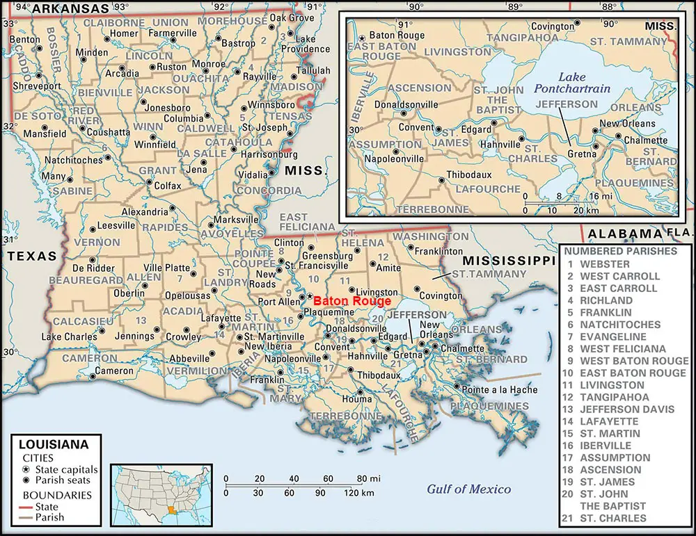 Labeled Louisiana Map with Capital