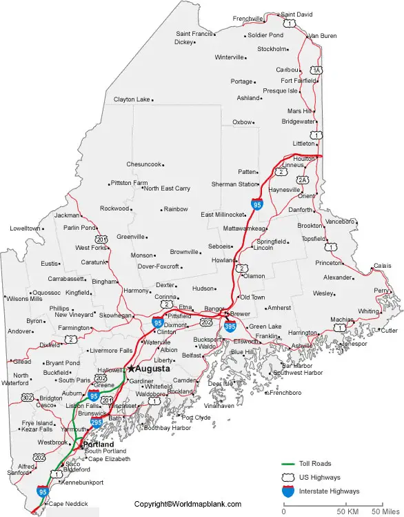 Labeled Map of Maine with Cities