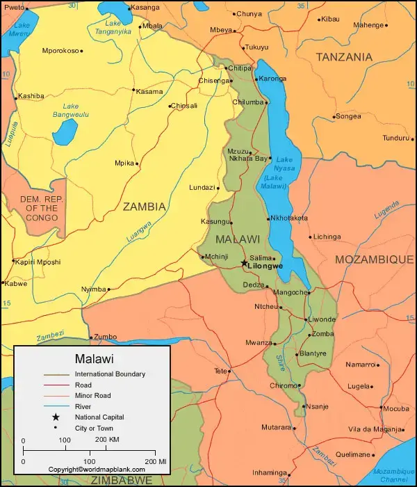 Labeled Map of Malawi with Cities
