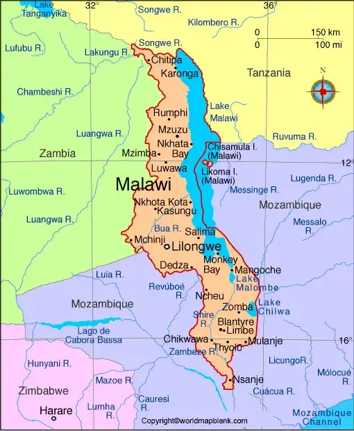 Labeled Map of Malawi with States