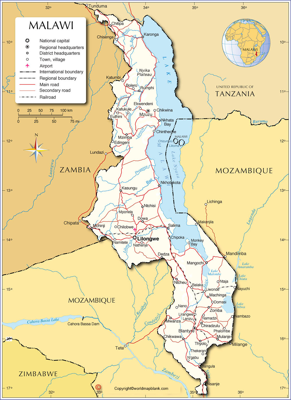 Labeled Map of Malawi