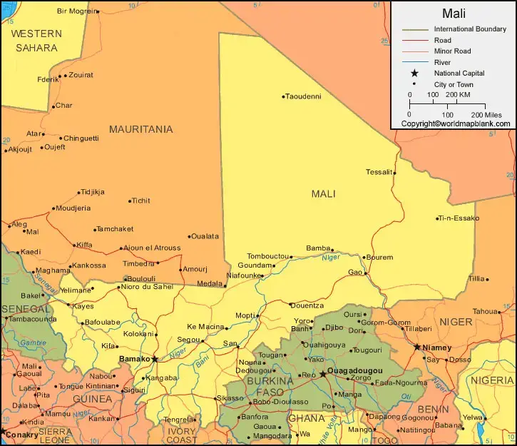 Labeled Map of Mali with Cities