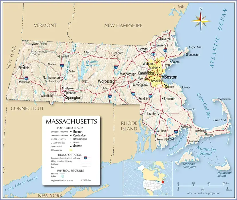 Labeled Map of Massachusetts Printable