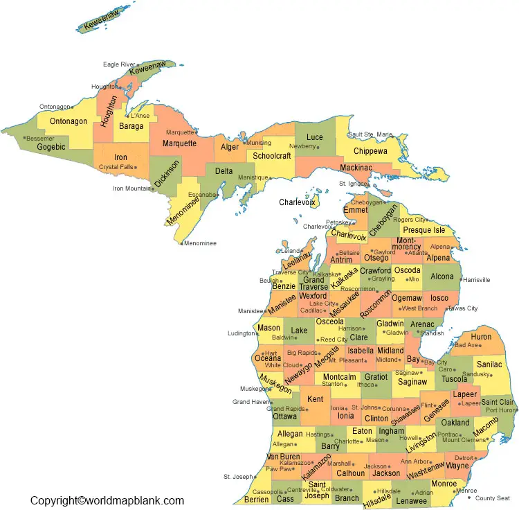 Labeled Michigan Map with Cities