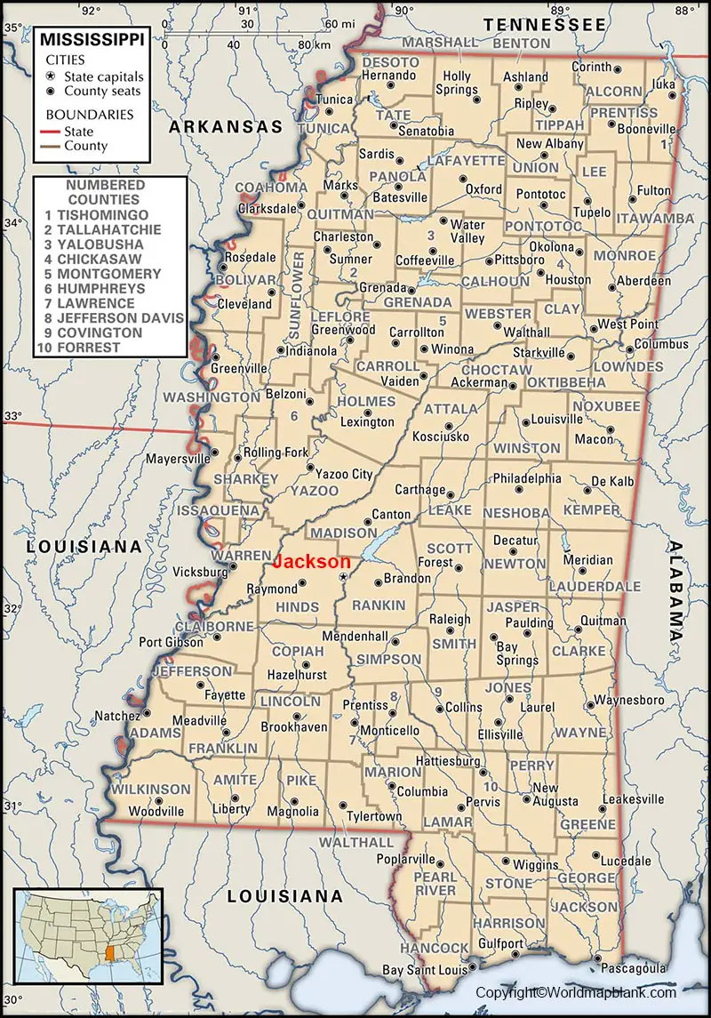 Labeled Mississippi Map with Capital
