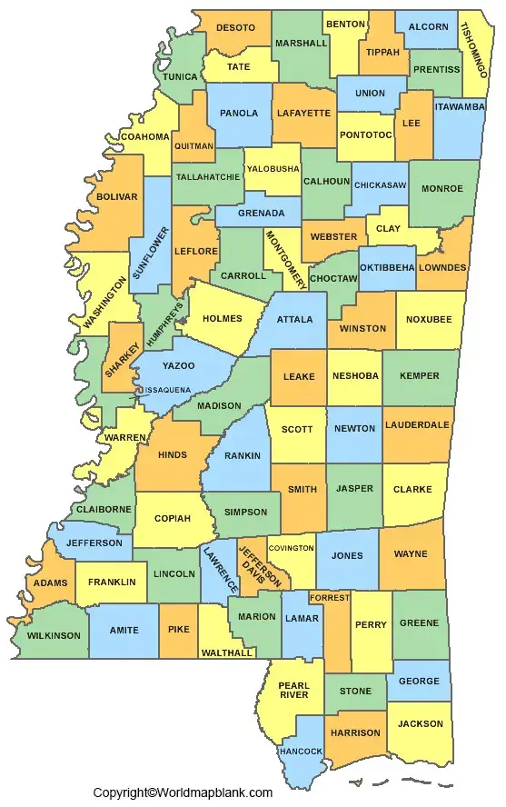 Labeled Map of Mississippi with States