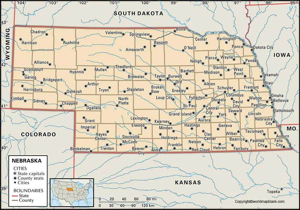 Labeled Nebraska Map with Capital