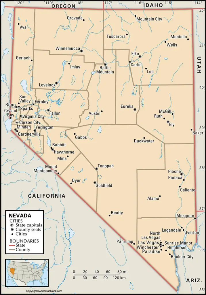 Labeled Map of Nevada with Capital & Cities